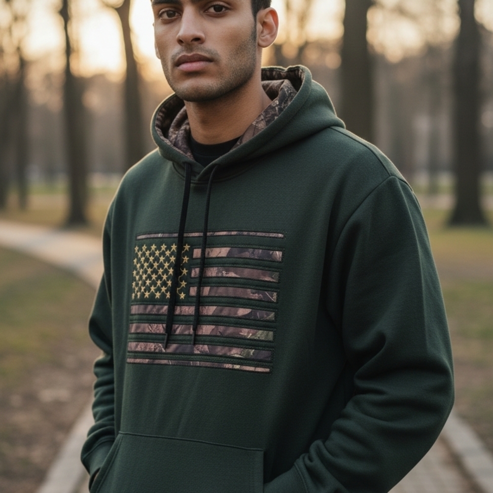 Mossy Oak Dark Green Hoodie with Camo Flag 2XL Available